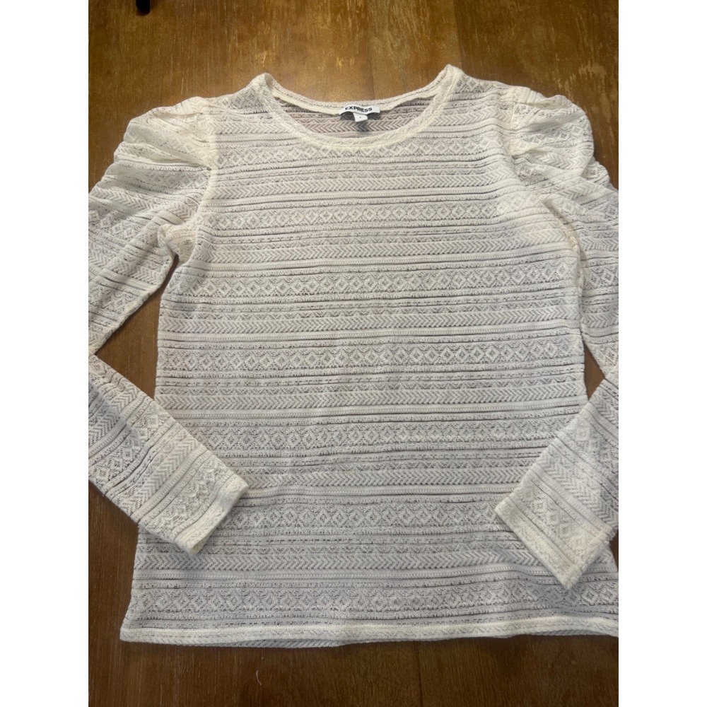 Express Ivory White Pointelle Lace Puff Shoulder Long Sleeve Top Large